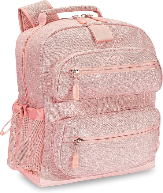 Bentgo Kids Glitter Backpack - Lightweight 14” Backpack for School, Travel & Daycare, Ideal for Ages 4+, Durable & Water-Resistant, Roomy Interior, & Loop for Lunch Bag (Glitter Edition - Petal Pink)