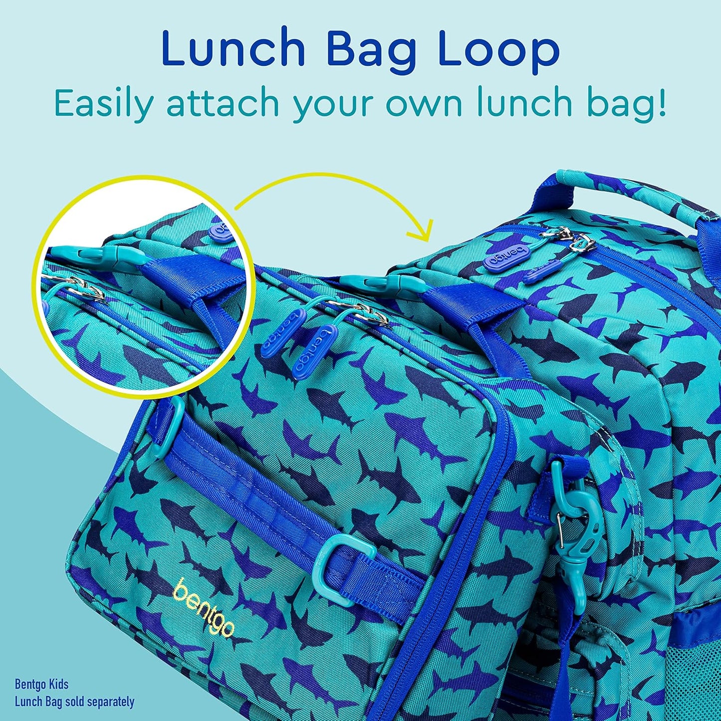 Bentgo Kids Backpack - Lightweight 14” Backpack in Fun Prints for School, Travel, & Daycare, Ideal for Ages 4+, Roomy Interior, Durable & Water-Resistant Fabric, & Loop for Lunch Bag (Shark)