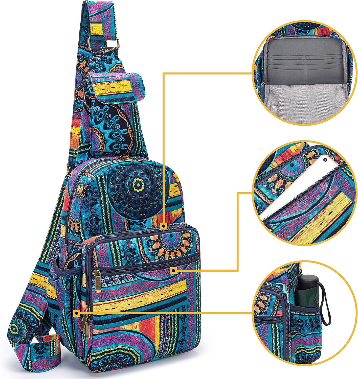 Coton Pose Women sling bag Elephant canvas large boho backpacks bohemian Crossbody Bag (green purple)