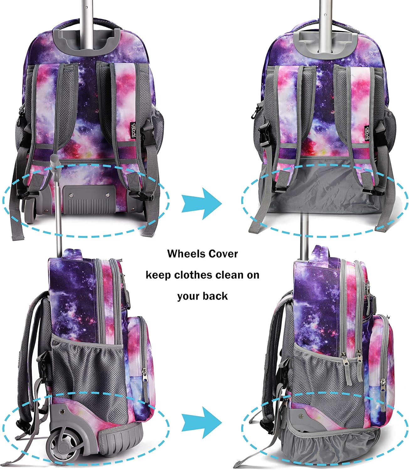Tilami Rolling Backpack 19 inch with Lunch Bag Wheeled Laptop Backpack, Galaxy Purple