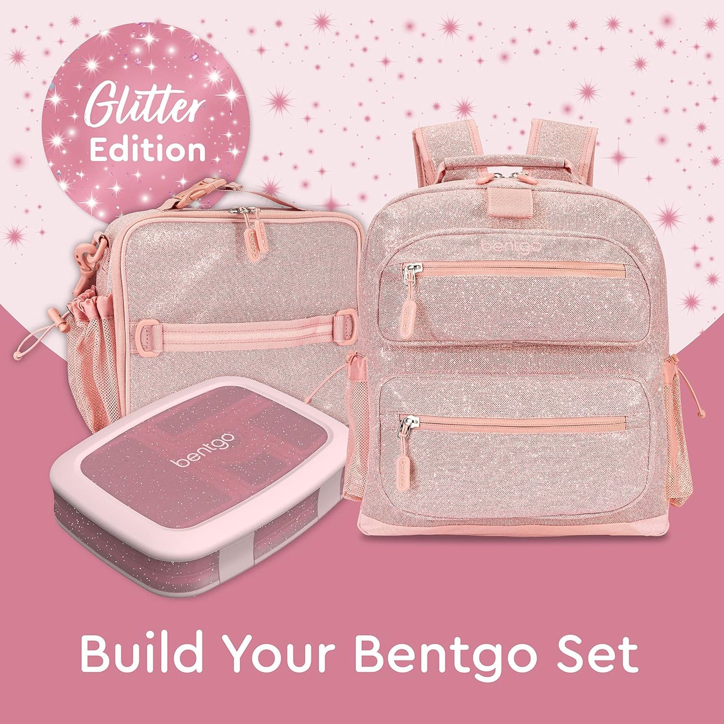 Bentgo Kids Glitter Backpack - Lightweight 14” Backpack for School, Travel & Daycare, Ideal for Ages 4+, Durable & Water-Resistant, Roomy Interior, & Loop for Lunch Bag (Glitter Edition - Petal Pink)
