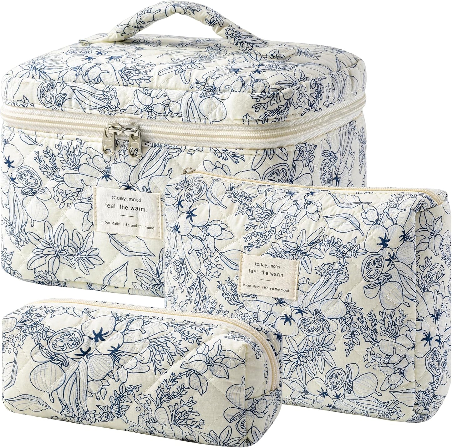 HBselect Quilted Makeup Bag, 3PCS Cotton Large Travel Makeup Bag, Cute Floral Coquette Make up Bag Cosmetic Bag Toiletry Bag for Women Girls