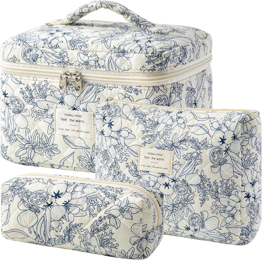 HBselect Quilted Makeup Bag, 3PCS Cotton Large Travel Makeup Bag, Cute Floral Coquette Make up Bag Cosmetic Bag Toiletry Bag for Women Girls