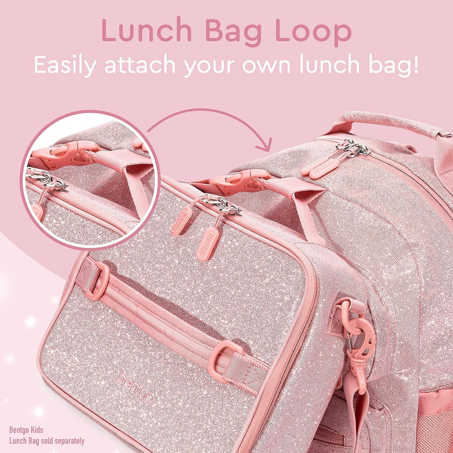 Bentgo Kids Glitter Backpack - Lightweight 14” Backpack for School, Travel & Daycare, Ideal for Ages 4+, Durable & Water-Resistant, Roomy Interior, & Loop for Lunch Bag (Glitter Edition - Petal Pink)