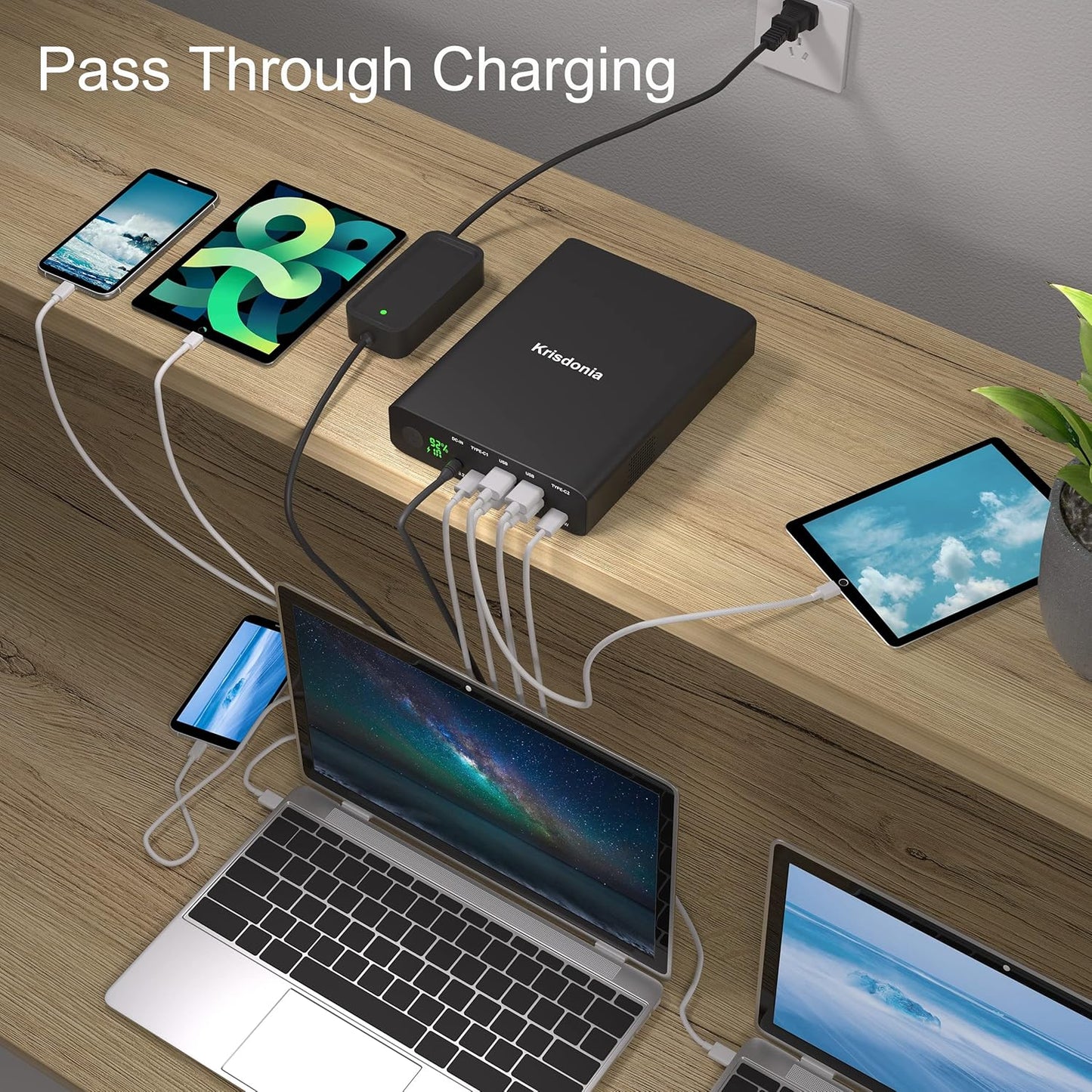 Krisdonia Portable Charger, PD 100W USB C Power Bank 64000mAh Fast Charging External Battery Pack with Dual USB-C PD (100W&65W) & 4 USB-A (QC3.0 18W) for Type-C Laptops, MacBook Pros, XPS, iPad Pro